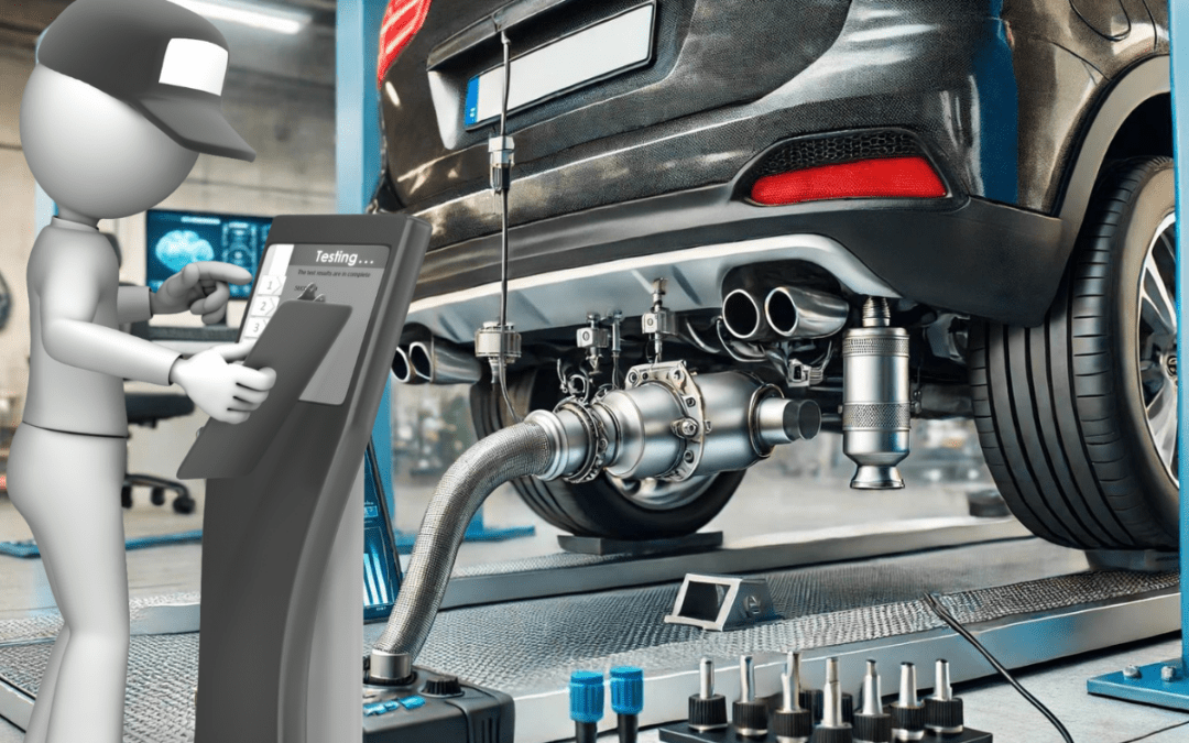 Grey man inputting test results of diesel emissions test on to computer