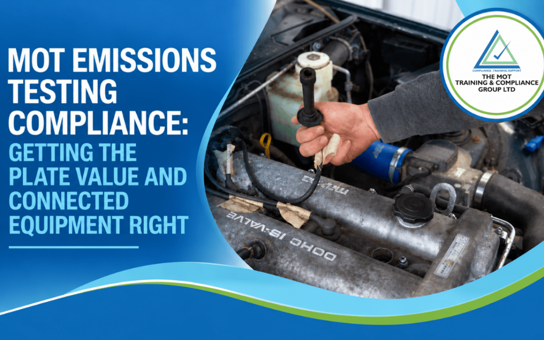 MOT emissions testing compliance – tester checking a vehicle engine for plate values and connected MOT equipment